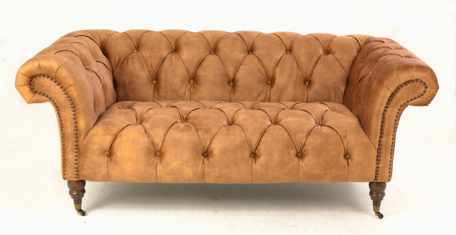 Gold Velvet Fabric Upholstered Buttoned and Pleated Chesterfield Sofa