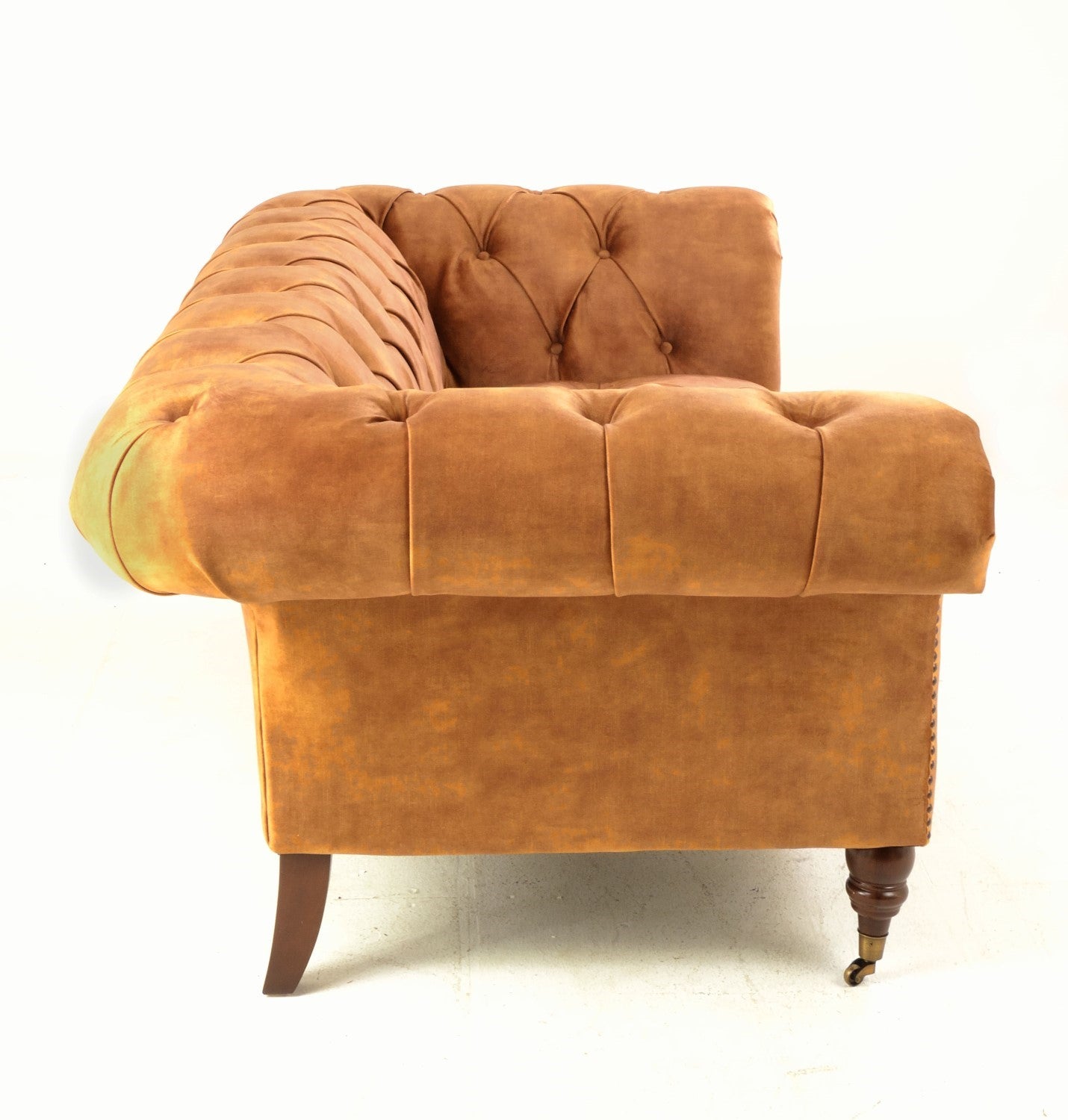 Gold Velvet Fabric Upholstered Buttoned and Pleated Chesterfield Sofa