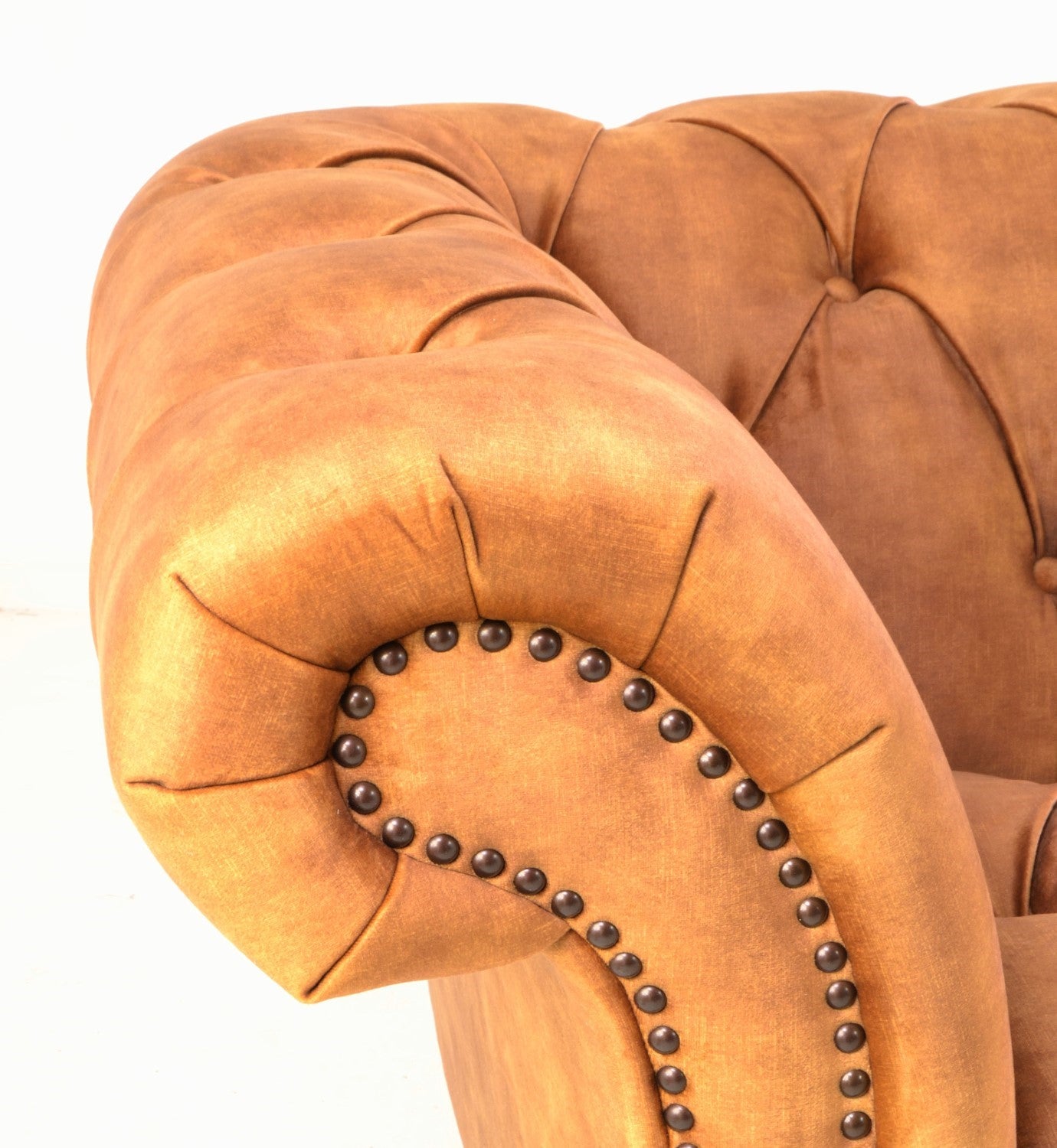 Gold Velvet Fabric Upholstered Buttoned and Pleated Chesterfield Sofa