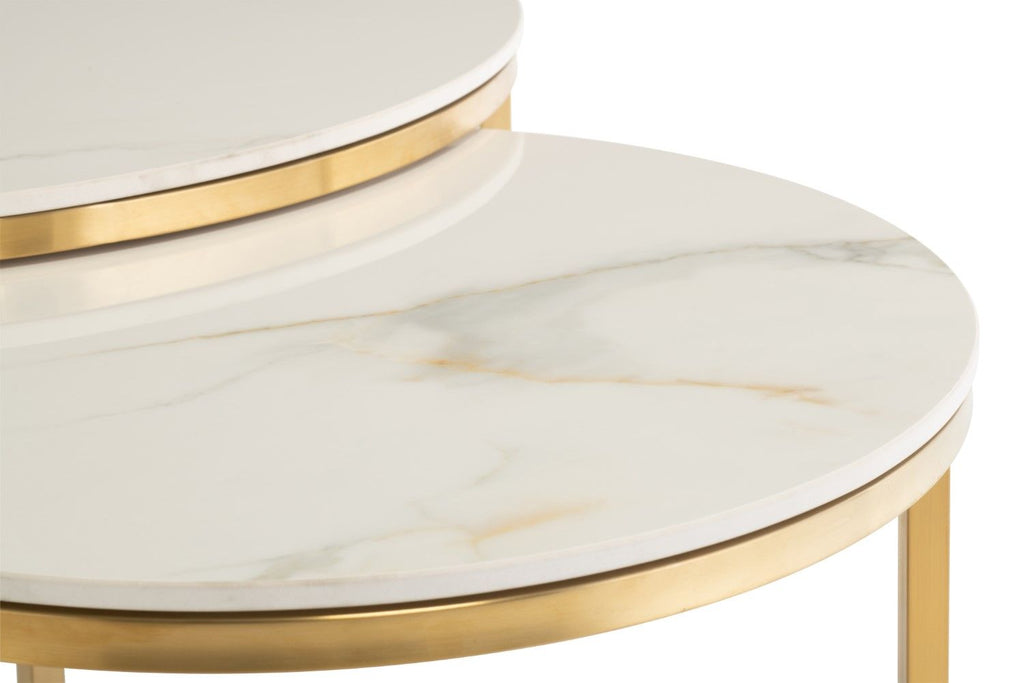 Gold Marble Effect Round Coffee Table Set Metal Frame - Home Furniture Interiors