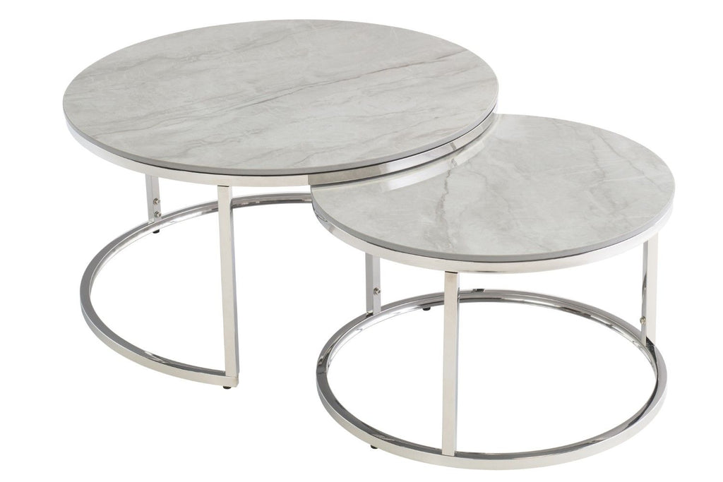 Grey Marble Effect Chrome Round Nest of 2 Coffee Tables