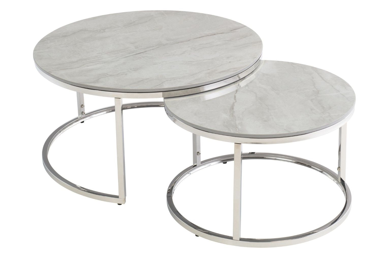 Grey Marble Effect Chrome Round Nest of 2 Coffee Tables