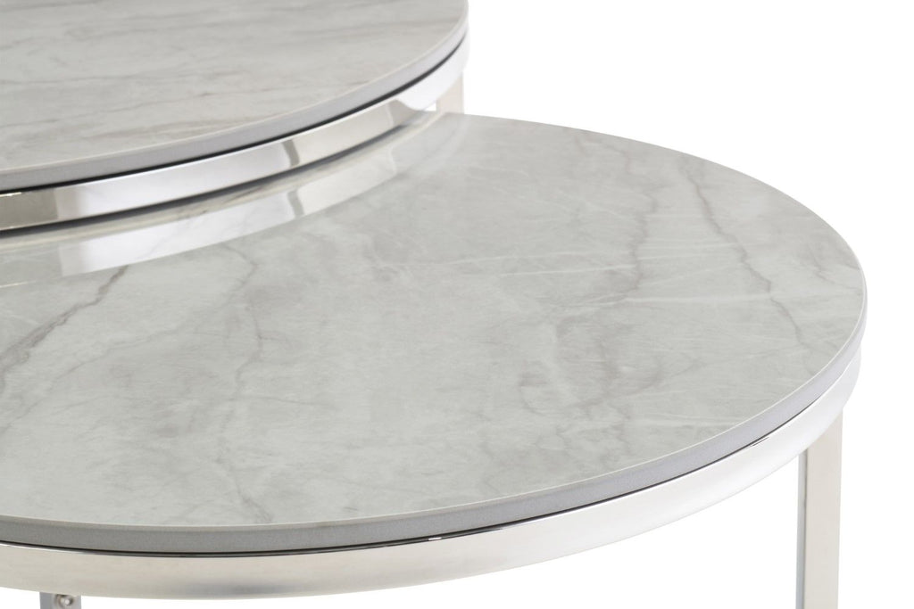 Grey Marble Effect Chrome Round Nest of 2 Coffee Tables - Home Furniture Interiors