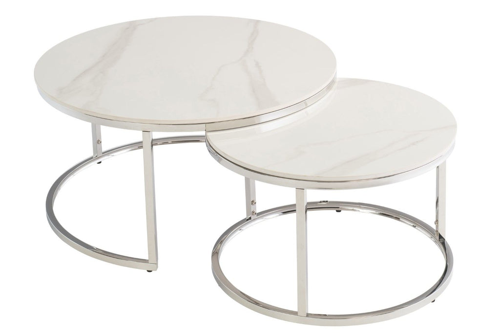 White Marble Effect Chrome Round Nest of 2 Coffee Tables
