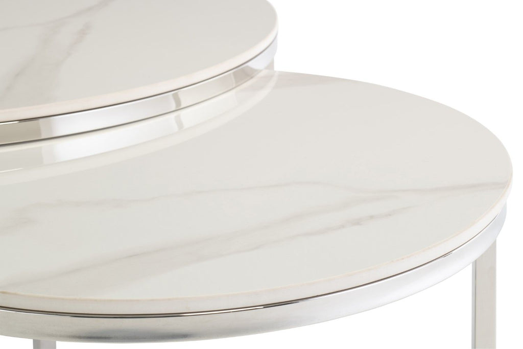 White Marble Effect Chrome Round Nest of 2 Coffee Tables - Home Furniture Interiors