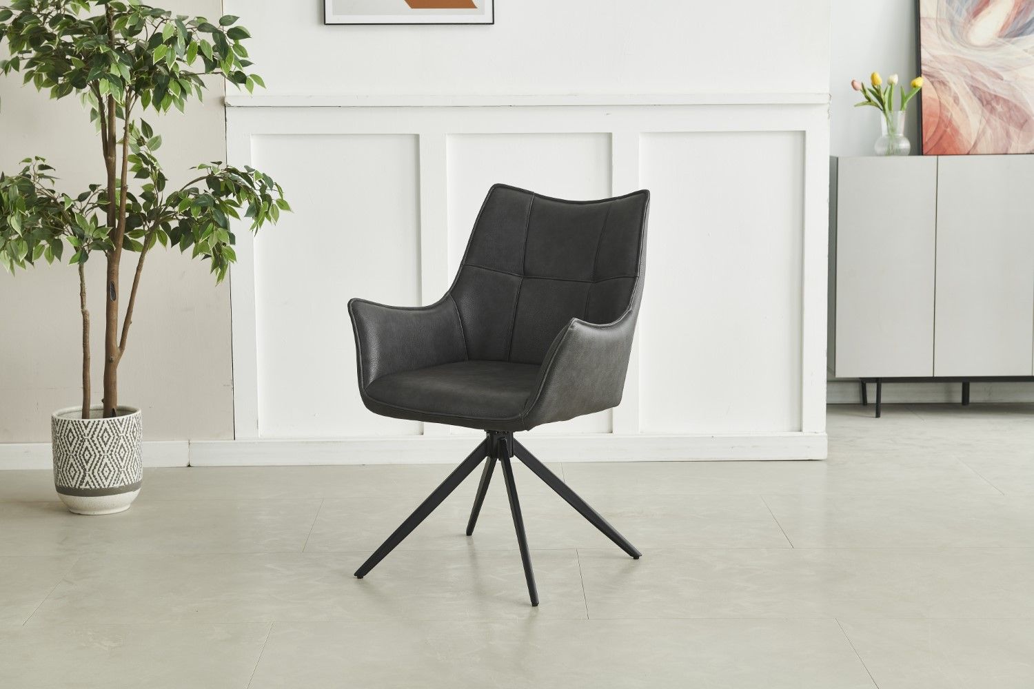 Charcoal Leather Effect Wing Back Dining Armchair