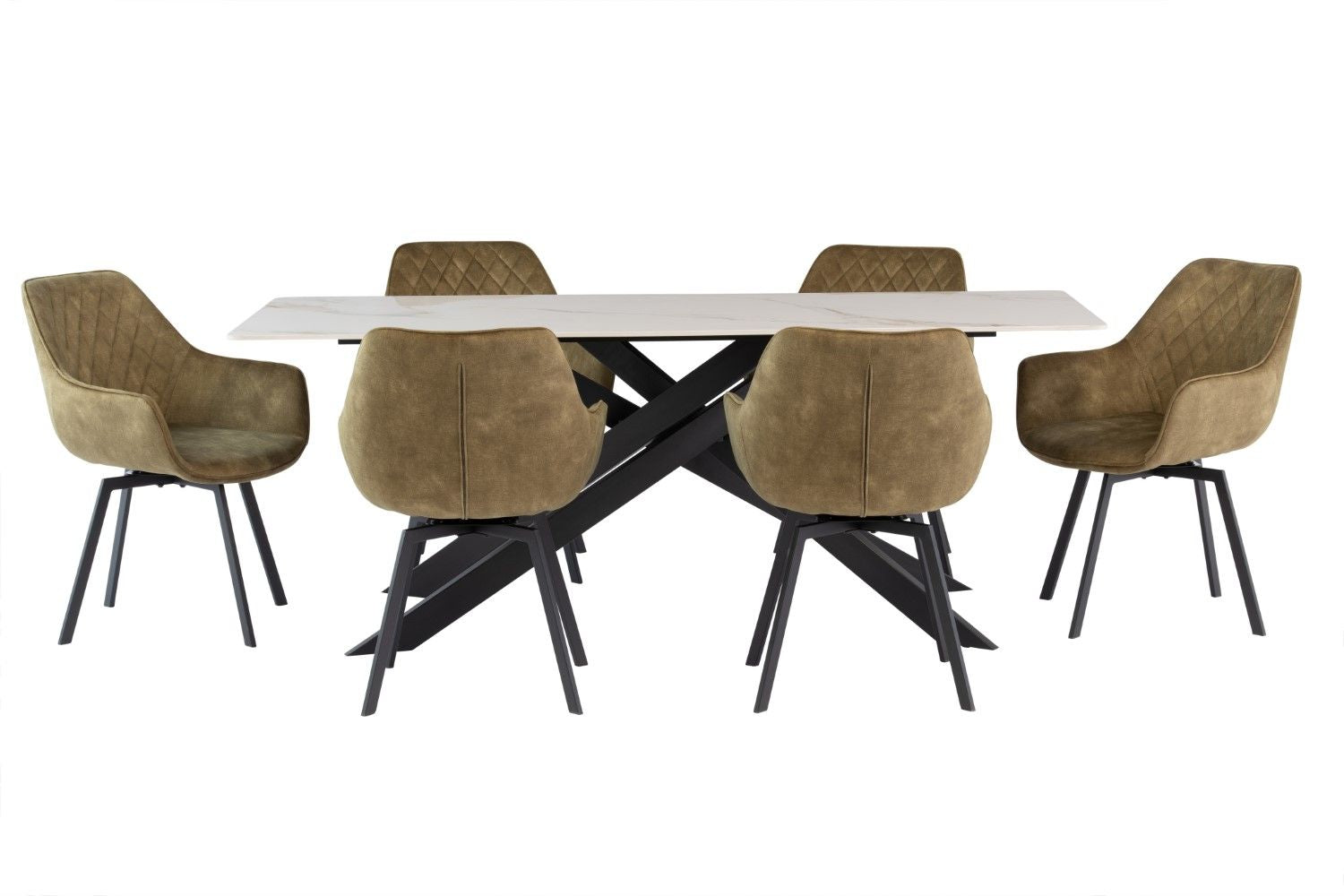 Green Velvet Swivel Dining Chair Black Metal Legs - Home Furniture Interiors