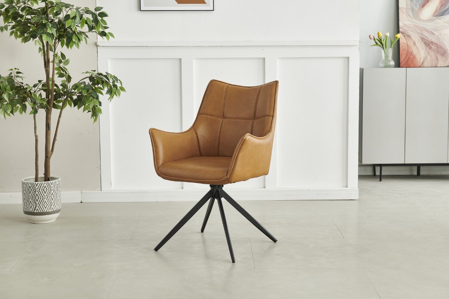Tan Brown Leather Effect Wing Back Dining Armchair
