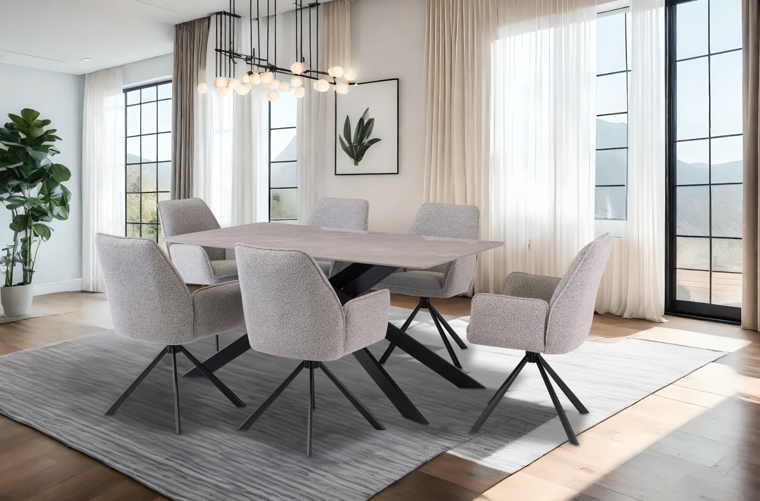 Grey Marble Effect Dining Table Cross Metal Legs 1.6m