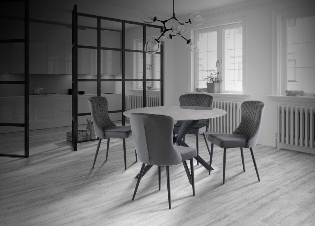Grey Marble Effect Stone Round Dining Table Cross Legs 1.2m - Home Furniture Interiors