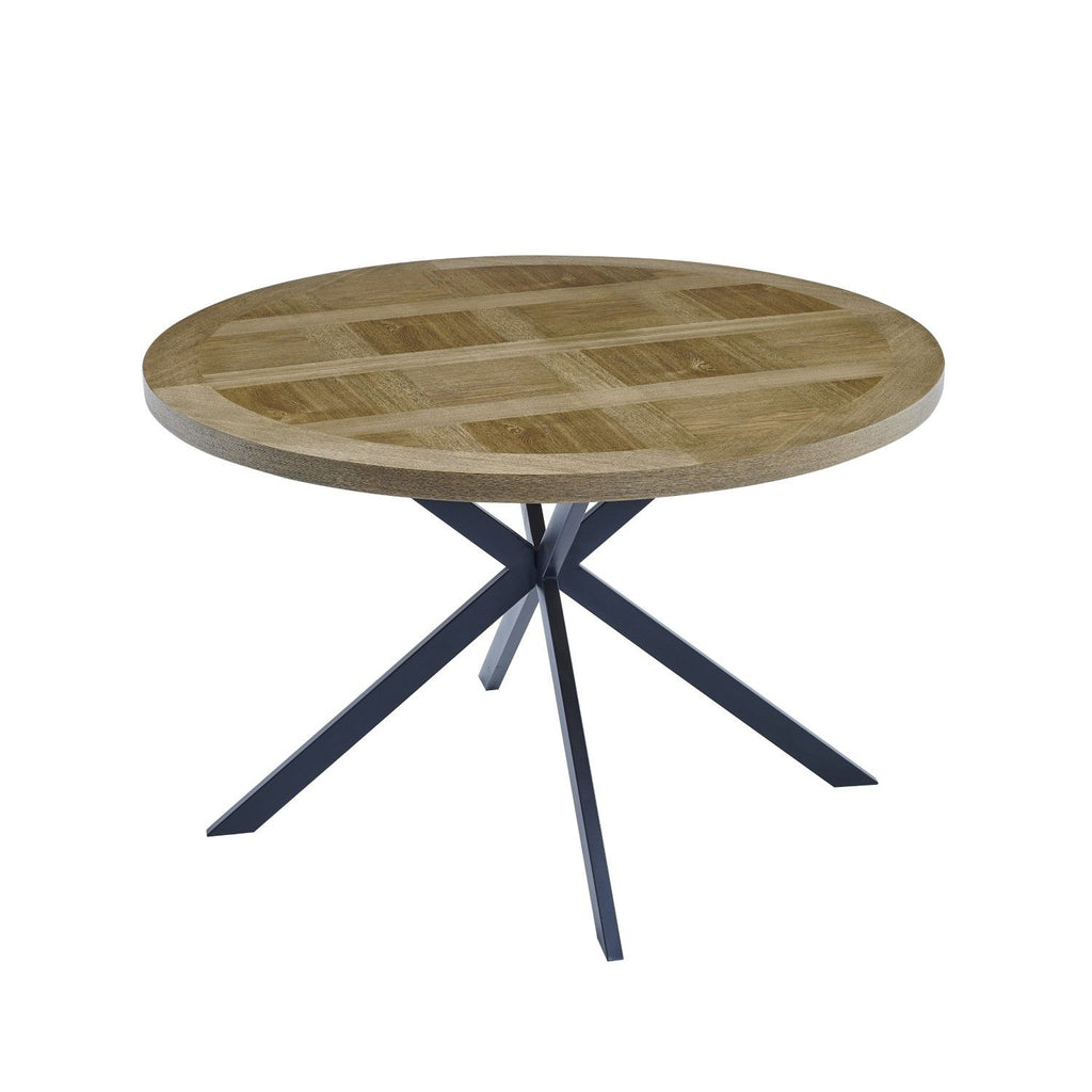 Oak Parquet Designed Top Round Dining Table Metal Legs 1.2m
