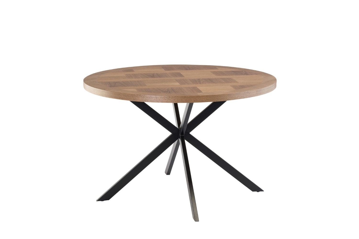 Oak Parquet Designed Top Round Dining Table Metal Legs 1.2m - Home Furniture Interiors