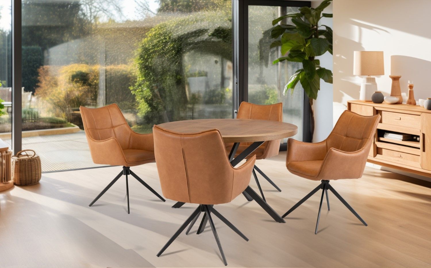 Oak Parquet Designed Top Round Dining Table Metal Legs 1.2m - Home Furniture Interiors
