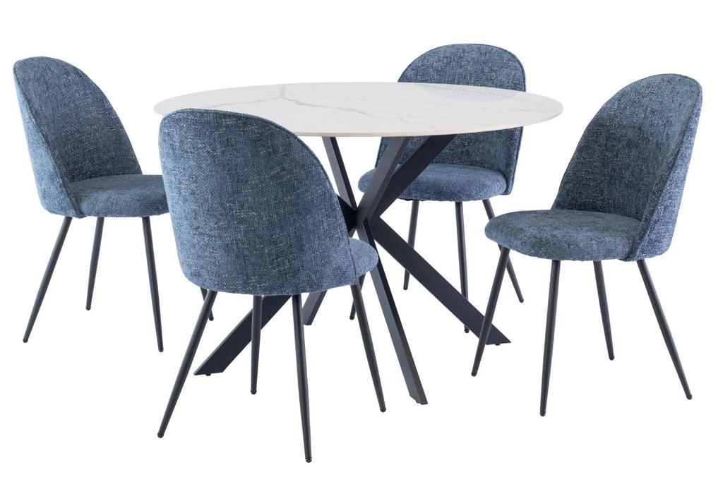 White Marble Effect Stone Round Dining Table Cross Legs 1.2m