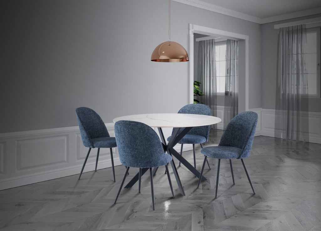 White Marble Effect Stone Round Dining Table Cross Legs 1.2m - Home Furniture Interiors