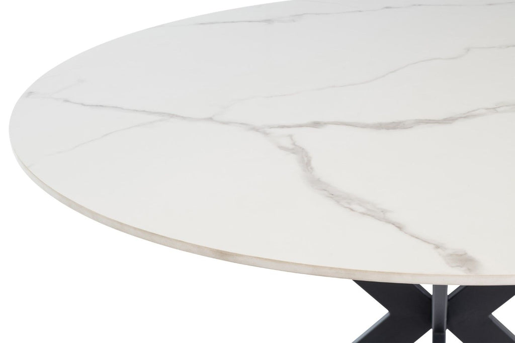 White Marble Effect Stone Round Dining Table Cross Legs 1.2m - Home Furniture Interiors