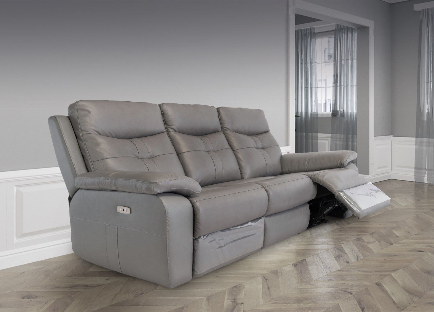 Grey Leather 3 Seater Electric Power Recliner Sofa