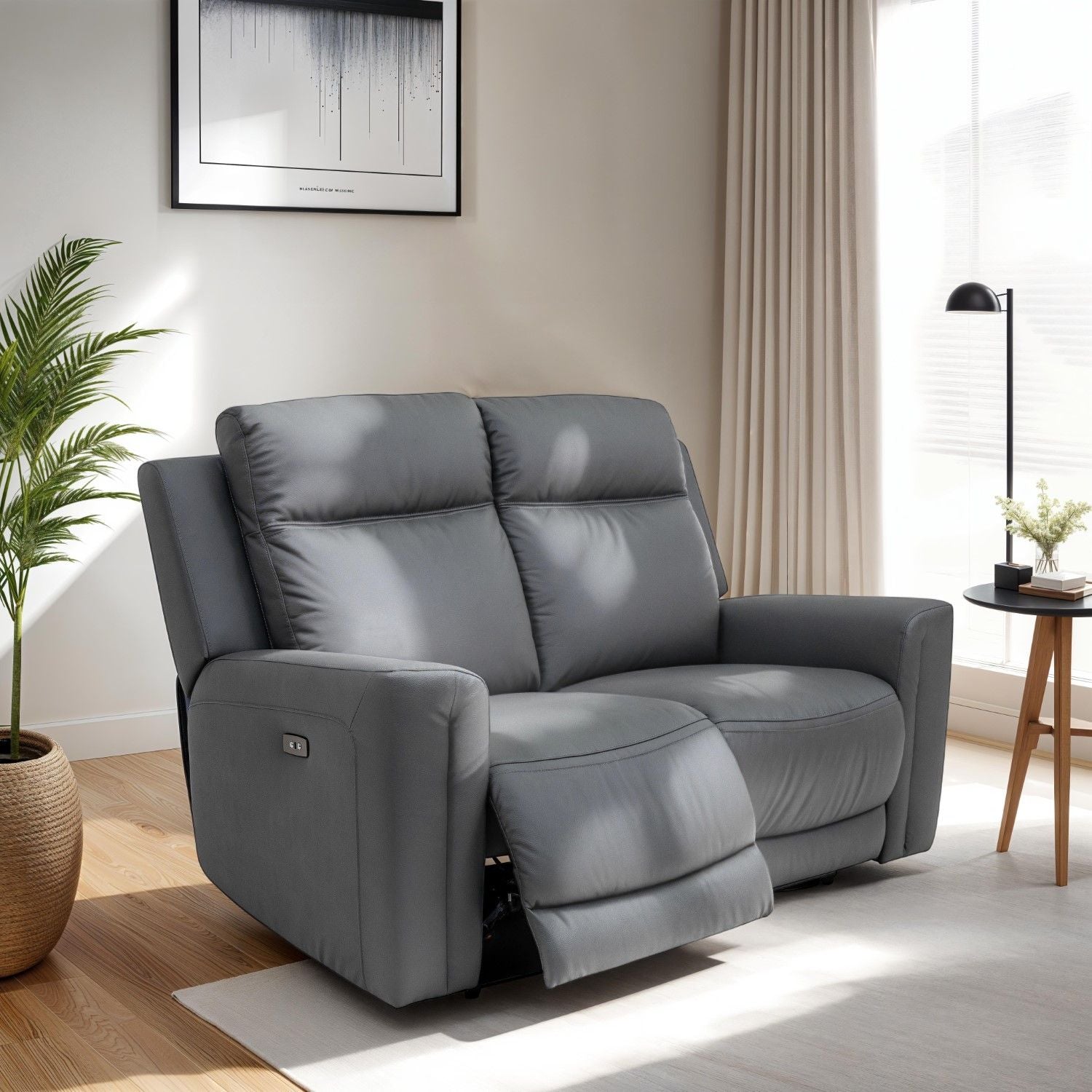 HOBART LEATHER ELECTRIC 2 SEATER RECLINER CHARCOAL